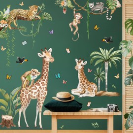 Jungle Safari Watercolor Wall Stickers - Large Removable Animal Wall Decals (Leopard, Giraffe, Monkey, Koala) with Tropical Plants Vines & Butterflies DIY Nursery Decor for Kids Bedroom, Classroom