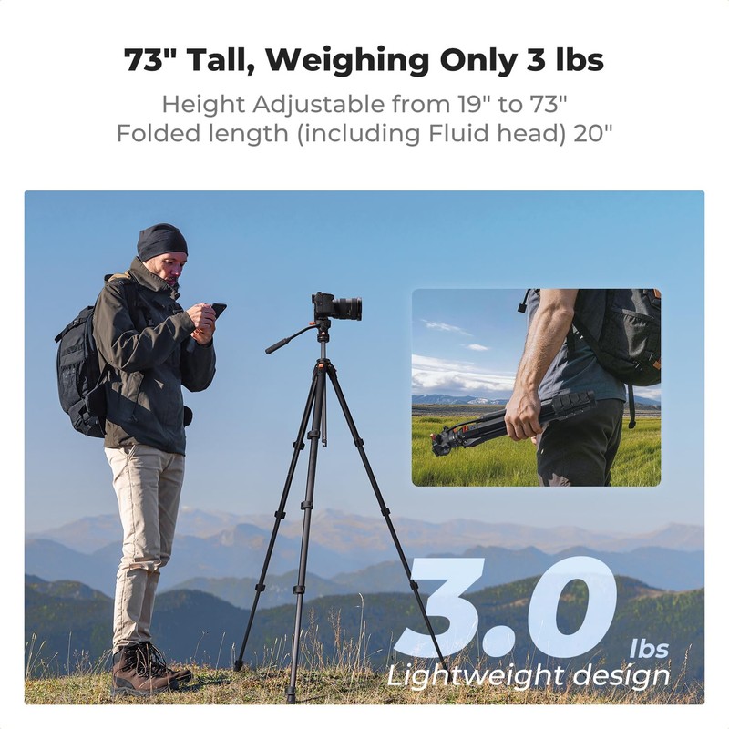 K&F CONCEPT 73” Camera Tripod with Fluid Head, Aluminum Travel
