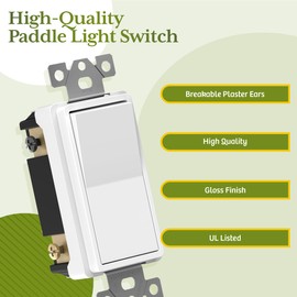 TG White Light Switch with Screwless Wall Plate, Decorator Paddle Rocker Wall Switch, 4-Way, 3 Wire, Grounding Screw, Residential Grade, 15A 120V/277V, UL Listed, LS-D415-WSP5P, 5 Pack