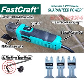 Oscillating Tool PRO Model 86225-1 (5.0A PEAK POWER Rated 2.4A/Keyless/6 Speeds/3-4 Angle Cut) - Stands Up to Any High End BULK Packaging [No Box] + 3 E-Cut Blades