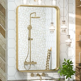 TokeShimi 20 x 30 Inch Gold Bathroom Wall Mirror Vanity Metal Frame Round Corner Rectangular for Home Decor Living Room Entryway (Horizontal/Vertical)