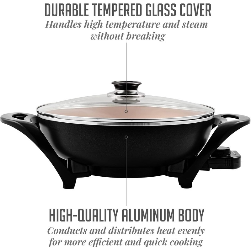 OVENTE Electric Wok with Nonstick Coating, 13 Inch Family-Sized Skillet,