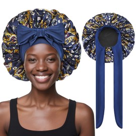 Ptrin Satin Bonnet, Double-Sided Silk Bonnets for Sleeping, Night Hairs Sleep Cap with Elastic Band,Head Cover Hat for Women Girls Long, Straight, Curly Hair for Women,Print Navy