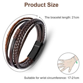 Aucuu Mens Leather Bracelet, Braided Leather Bracelet, Multi-Layer Bracelet With Stainless Steel Magnetic Clasp, Boys Bracelets Premium Leather Bracelet Birthday Gift For Men Boys Him Boyfriend
