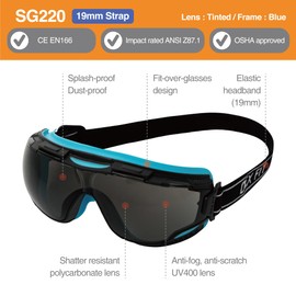 DEX FIT Protective Safety Goggles SG220; Anti Fog & Scratch, Z87 Eye Protection for Lab, Science, and Chemistry Work, Adjustable for Women and Men, (Black & Blue Frame, Tinted Lens, 19 cm Strap)