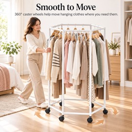 360° Rotating Clothes Rack for Bedroom Storage – Floor-Standing Iron Garment Organizer with Hexagonal Shelf