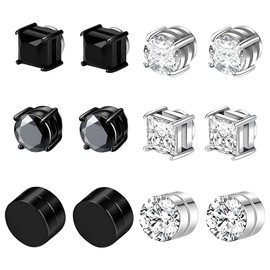 6 Pairs Mens Earrings, Ear Clips for Men and Women, Stud Earrings, Black and Silver Ear Studs, Fashion Jewelry for Everyday Wear and Special Occasions