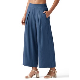 Willit Women's Linen Pants Wide Leg Casual Beach Summer Pants Palazzo Lounge Pants with Pockets Denim Blue L