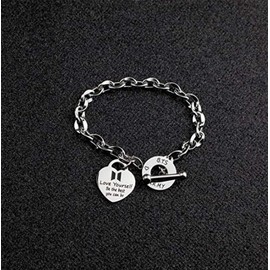 SOSAYI BTS Stainless Steel Bracelet, Bangtan Boys Unisex Bracelet, Kpop Heart Pendant Bracelets with 1 BTS 3D Sticker and 2 BTS Photocard, BTS Fan Item Gift for Army, Stainless Steel