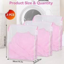 AYSYR Pack of 3 Laundry Bags Washing Machine, 50 x 60 cm Laundry Net for Washing Machine with Honeycomb Structure, Reusable Laundry Bag, Laundry Net Large with Zip and Handles for Bulky Clothes
