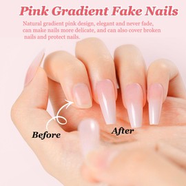 240Pcs Gradient Pink Press On Nails with Glue - Long Square Glossy Fake Nails Kit for Women, Natural Ombre False Nails, Full Cover Stick On Nails (Easy DIY Application)