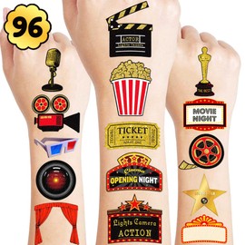 Movie Night Temporary Tattoos Birthday Theme Party Decorations Favors Supplies Cute Stickers Tattoo 8 Sheets 96 PCS Gifts for Kids Girls Boys Decor Class School Reward Carnival Christmas