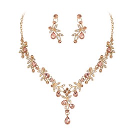 Clearine Wedding Jewellery Set for Women Bride, Y Necklace Dangle Earrings Set Impressive Crystal Teardrop Leaf Flower Cluster Prom Jewellery for Bride Bridesmaid Champagne Gold Tone, Crystal