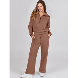 ANRABESS Women 2 Piece Outfits 2025 Fall Fashion Airport Wide Leg Pants Lounge Set Leisure Travel Vacation Clothes Sweatsuits Brown Medium
