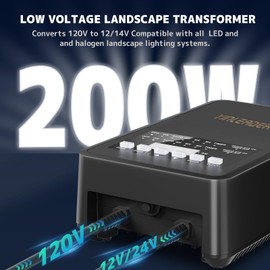 200W Low Voltage Landscape Transformer 12V/14V Output with Timer and Photocell Sensor, Weatherproof Outdoor Lighting Transformer for Garden/Pathway Lights, 120V AC to 12V AC Conversion