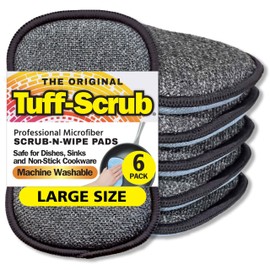 Original Scrub-N-Wipe Pad by Tuff-Scrub, 6-Pack, Microfiber, Multi-Surface, Non-Scratch, Dual-Sided, Scrubber for Dishes, Sinks, Non-Stick Cookware – Machine Washable, Durable Kitchen Sponge (Large)
