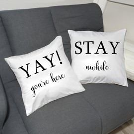 PreLiving Farmhouse Pillow Covers 18x18, Set of 2 - 'Stay Awhile' & 'Yay You're Here' Quotes, Rustic Decorative Throw Pillow Cases, Perfect for Couch, Porch, Guest Room(White)