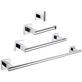 Bathroom Hardware Set 4 Pieces, Suyar SUS304 Stainless Steel Bath Accessory Kit, Include Towel Hook, Toilet Paper Holder, Hand Towel Holder, Towel Bar Wall Mounted Polished Chrome
