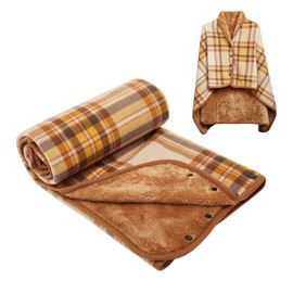 forestfish Fleece Wearable Blanket, Plaid Lap Blanket Comfy Poncho Throw with Buttons for Bed Sofa Office, Yellow