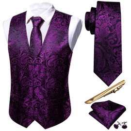 Barry.Wang Men Paisley Purple Dress Vest Matched Tie Set Suit Waistcoat Formal Wedding 5PCS