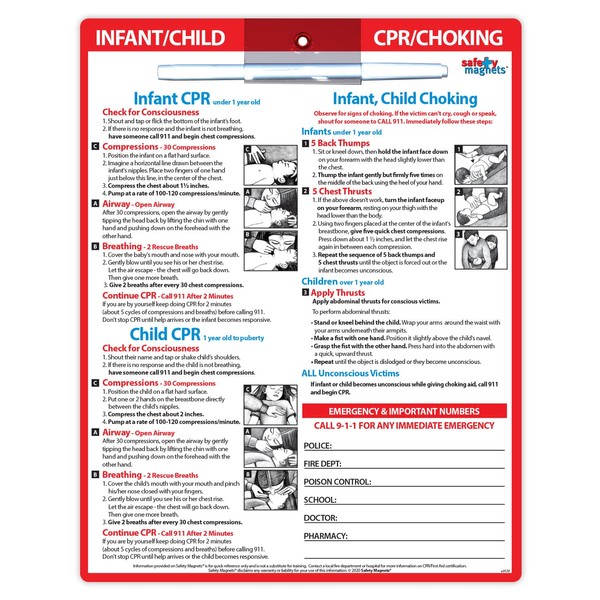 Infant and Child CPR and Choking Magnet - First Aid Quick Reference Card for Children - Emergency Phone Numbers - Laminated with Magnets, Marker - 8.5 x 11 in.