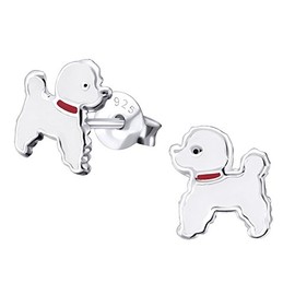 White Dog Poodle Earrings 925 Sterling Silver
