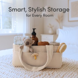 PUTSKA Baby Diaper Caddy Organizer for Changing Table – Stylish Nursery Storage Basket, Newborn Essentials, Baby Shower Gifts and Registry Must-Haves for Boy or Girl, Car Diaper Caddy, Corduroy Cream