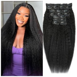 22 Inch Kinky Straight Clip in Hair Extensions Real Human Hair Yaki Straight Clip ins Full Head Brazilian Remy Human Hair Clip in Extensions for Black Women Natural Black 8Pcs 100g 20 Clips