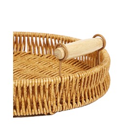 Handwoven Rattan Serving Tray Set Rectangular Round Basket with Handle For Coffee Table, Lightweight Bread Basket for Home Decor Wicker Storage Tray for Rustic, Fruit, Arts, Crafts, 2-Piece, Natural
