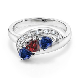 Gem Stone King 925 Sterling Silver Red Garnet and Blue Created Sapphire Engagement Ring For Women (1.39 Cttw, Heart Shape 4MM, Available in Size 5,6,7,8,9)