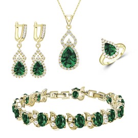 LMXXVJ Created Green Emerald Jewelry Set Yellow Gold Plated Earring Open Ring Necklace Bracelet Set Prom Mother’s Day Jewelry Gifts for Mom/Wife/Sister/Best Friend