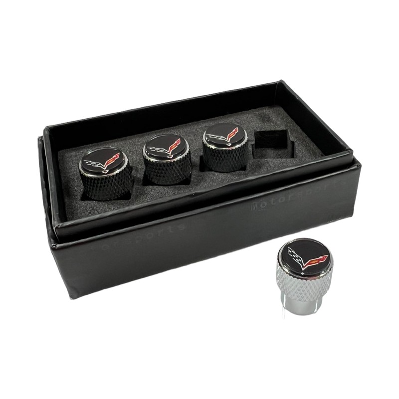 Eurosport Corvette C7 Logo Chrome Valve Stem Caps - Knurled