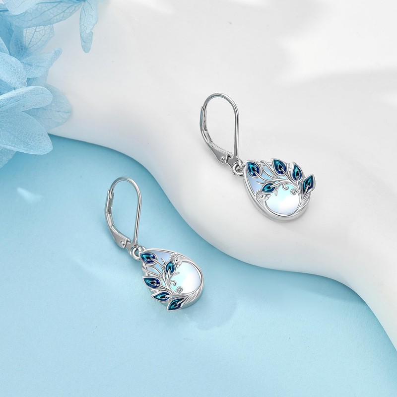 Peacock Earrings 925 Sterling Silver Peacock Earrings for Women Moonstone