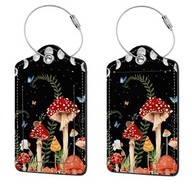 2 Pcs Luggage Tags for Suitcases,PU Leather Cruise Ship Luggage Tags with Privacy Cover Label Address Card and Durable Metal Ring Suitable for Men Women,Handbags Backpacks,Mushrooms Under The Stars