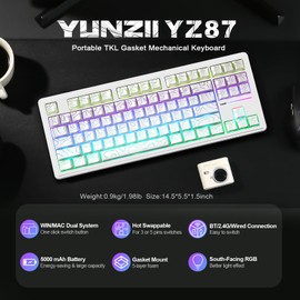 YUNZII YZ87 Gasket Mechanical Keyboard,TKL Wireless Hot Swappable with 5-Layer Padding, BT5.0/2.4G/USB-C NKRO RGB Backlit for Win/Mac(White Line, Milk Switch)