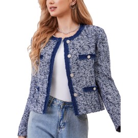 M.Infisavo Tweed Jacket Women Long Sleeve Open Front Fall Spring Winter Cardigan X-Large Denim Blue