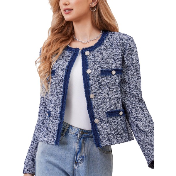 M.Infisavo Tweed Jacket Women Long Sleeve Open Front Fall Spring