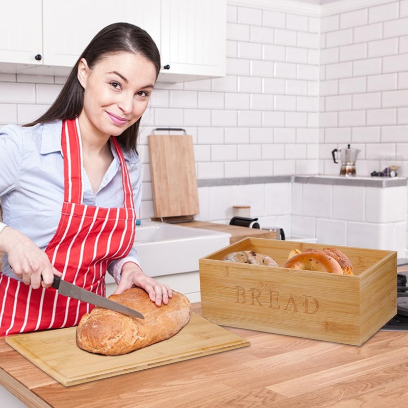Jasvelly Bamboo Bread Bin with Chopping Board Lid and Linen