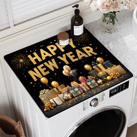 Christmas Washing Machine Cover for Top 23.6”x 19.7" Pad for Top of Washer or Dryer Protector Washing Machine Dust Cover Pad Non Slip Waterproof Washable (Happy New Year-3)