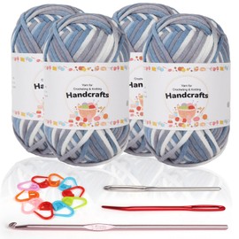 Coopay Pack of 4 Simple Yarn, Crochet Yarn for Beginners, Highly Visible Stitch Yarn for Crochet with Crochet Accessories, Cotton Nylon Yarn for Beginners for Crochet and Knitting (4 x 50 g), Blue