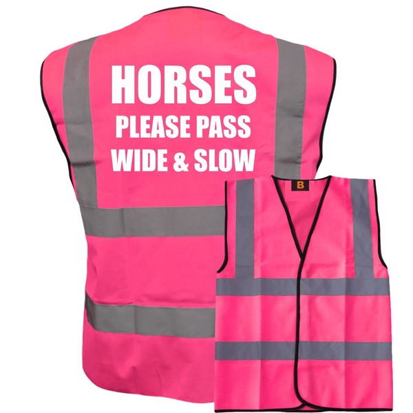 Bright Pink High Visibility Vest with White Text HORSES PLEASE