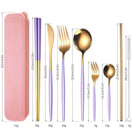 AARAINBOW 8 Pieces Stainless Steel Flatware Set Portable Reusable Cutlery Set Travel Utensils Set Including Chopsticks Knife Fork Spoon Straws Cleaning Brush Dishwasher Safe (Purple Golden)