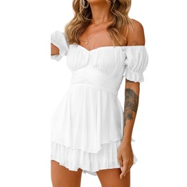 Kouoybt Women Romper Dress Off Shoulder Ruffle Mini Dress Puff Sleeve Short Jumpsuit Layered A Line Flowy Swing Beach Summer Dresses (A-White, S)