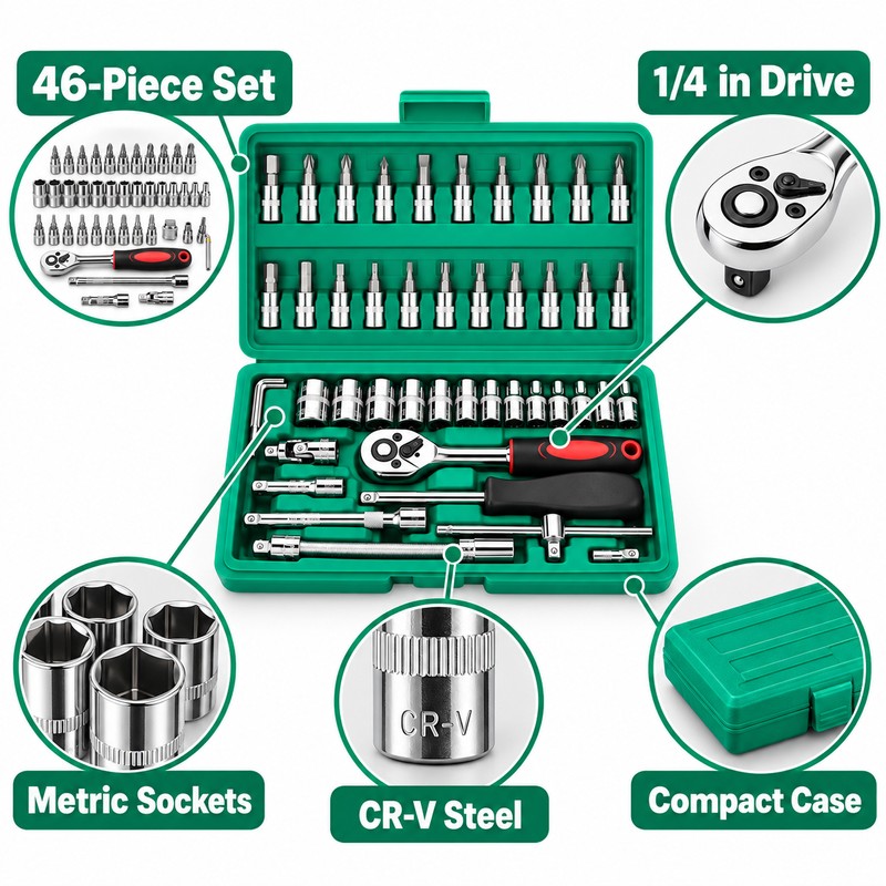 46-Piece 1/4 Inch Drive Socket Set – Metric Ratchet Wrench