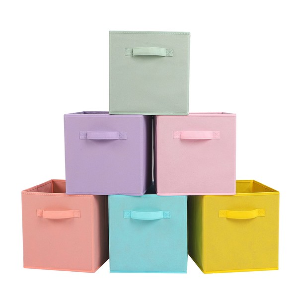 Stero Fabric Storage Bins 6 Pack Fun Colored Durable Storage Cubes with Handles Foldable Cube Baskets for Home, Kids Room, Closet and Toys Organization Cyan, Green, Yellow, Purple, Pink and Peachpuff