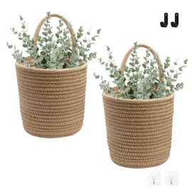 Defined Deco 2 Pack Jute Hanging Basket,Hanging Rope Basket with 4 hooks,Flower Plants Wall Basket Decor Set,Rustic Woven Basket Organizer,Boho Wall Decor for Living Room,Bedroom,Bathroom,Entryway.