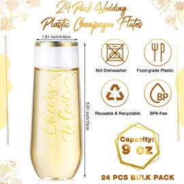 Ziliny 24 Pcs Wedding Plastic Champagne Flutes Cheers to Love Stemless Champagne Glasses Gold Rim Wedding Cups Toasting Flutes Cocktail Cups Wedding Party Bridal Shower Bar Birthday Gifts, 9 oz