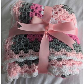 Handmade Crochet Granny Square Blanket, Pink, White and Grey, 108 x 108 cm