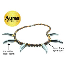 Auras by Osiris - Tiger Tooth Necklace for Men - Hematite Tooth Necklace - Tiger Eye Beaded Necklace - Wakanda - African Black Panther Necklace