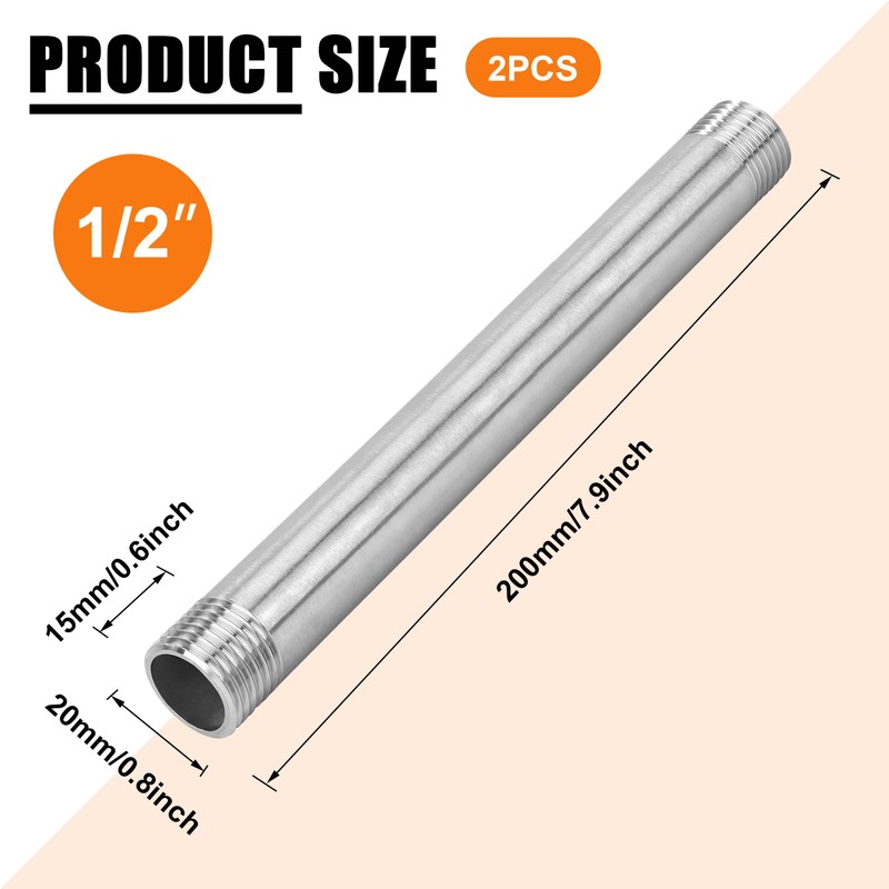 Stainless Steel Pipe Fittings, 2 Pieces 200 mm 1/2 Inch